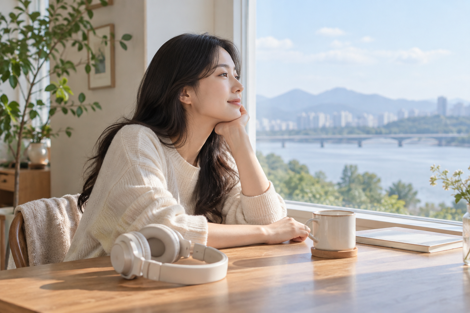 창가에서 헤드폰을 내려놓고 조용히 쉬는 사람