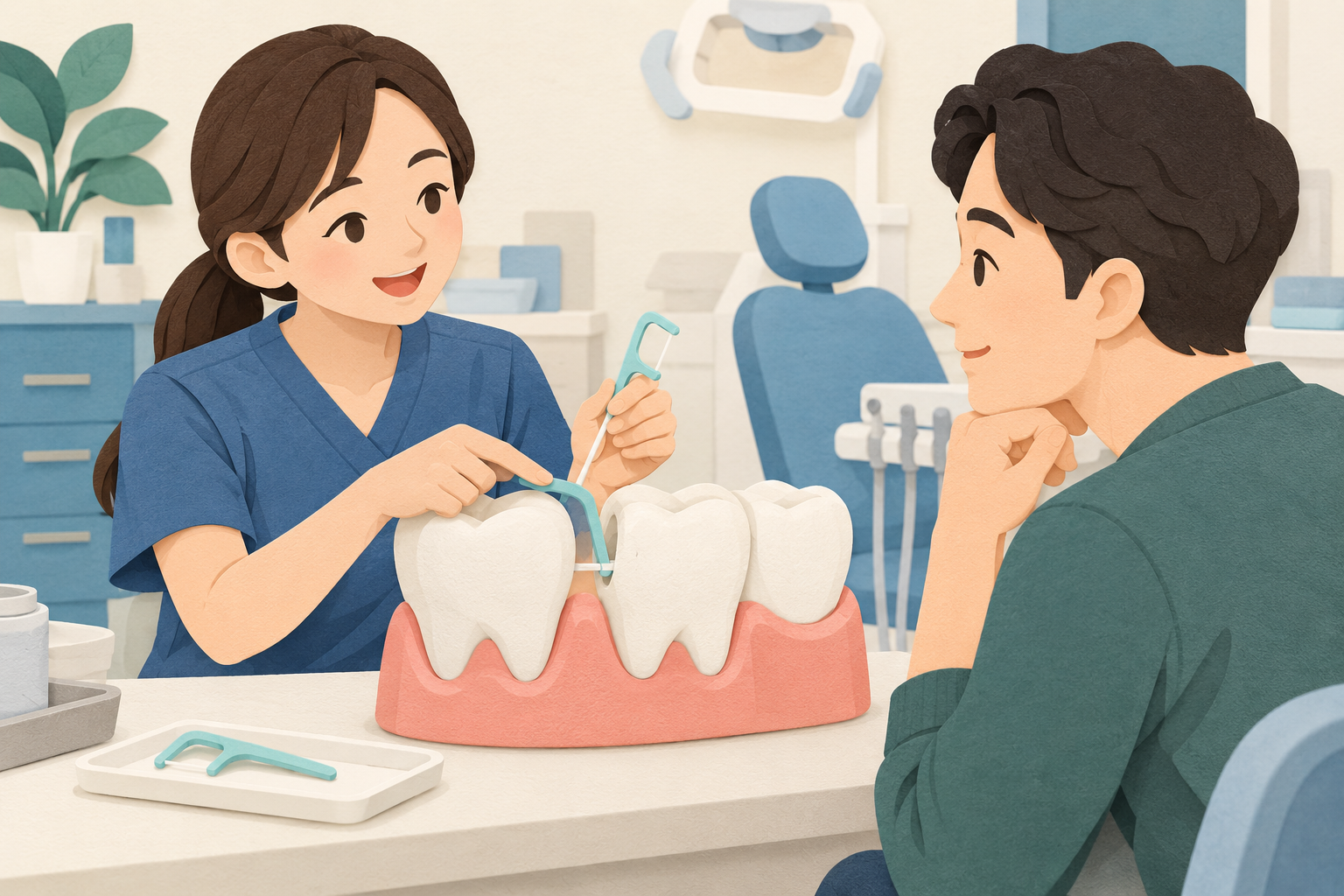치과에서 치아 모형과 치실 도구로 사용 방법을 설명받는 성인