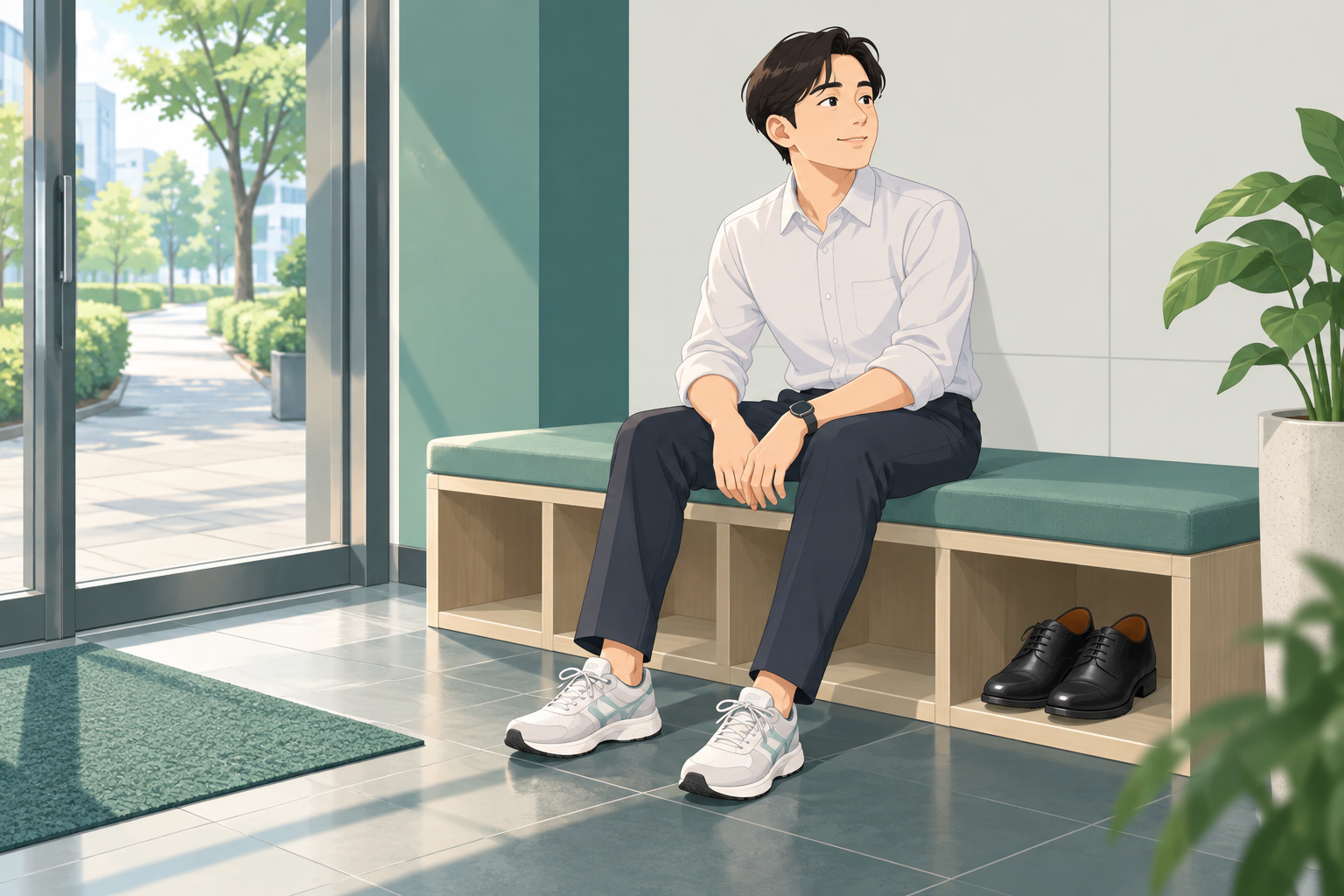 직장 로비에서 운동화를 신은 사람과 별도 신발칸의 업무용 구두