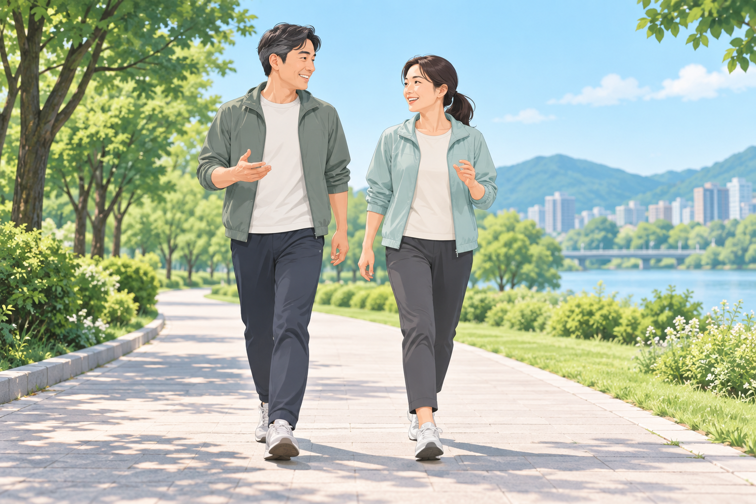 평탄한 공원 보행로에서 나란히 걸으며 대화하는 두 성인