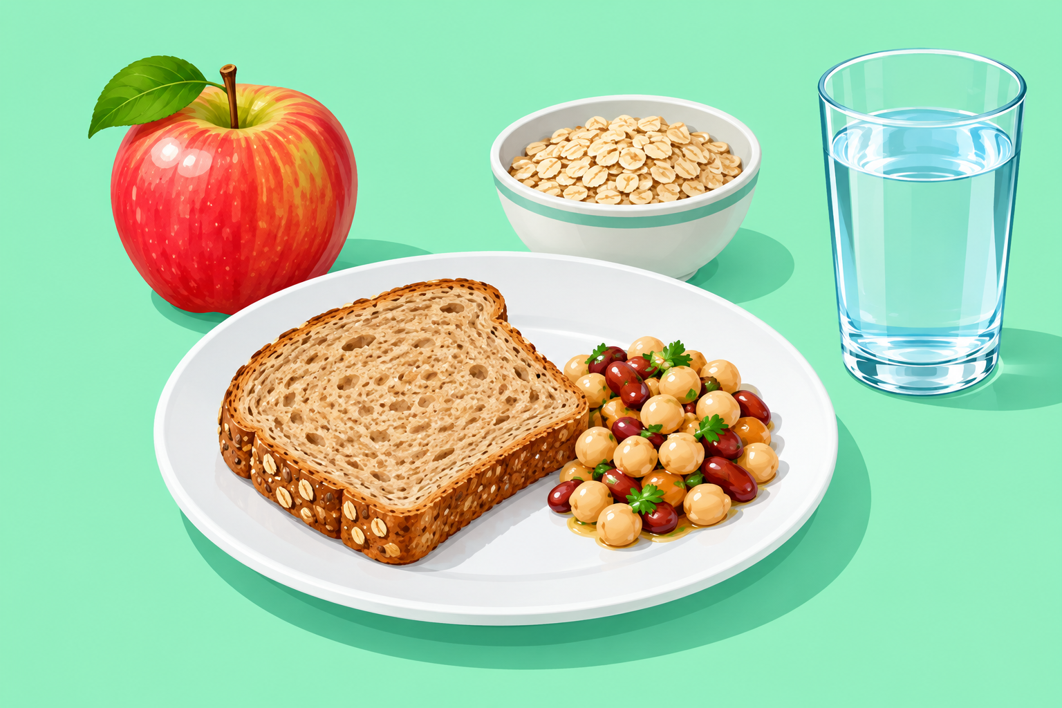 통밀빵과 익힌 콩을 놓은 접시 곁에 사과와 귀리 그릇 및 물 잔이 있는 그림
