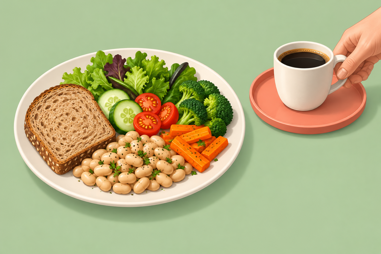 빵과 채소·콩이 담긴 식사 접시는 남겨 두고 손이 커피컵만 옆 받침으로 옮기는 그림